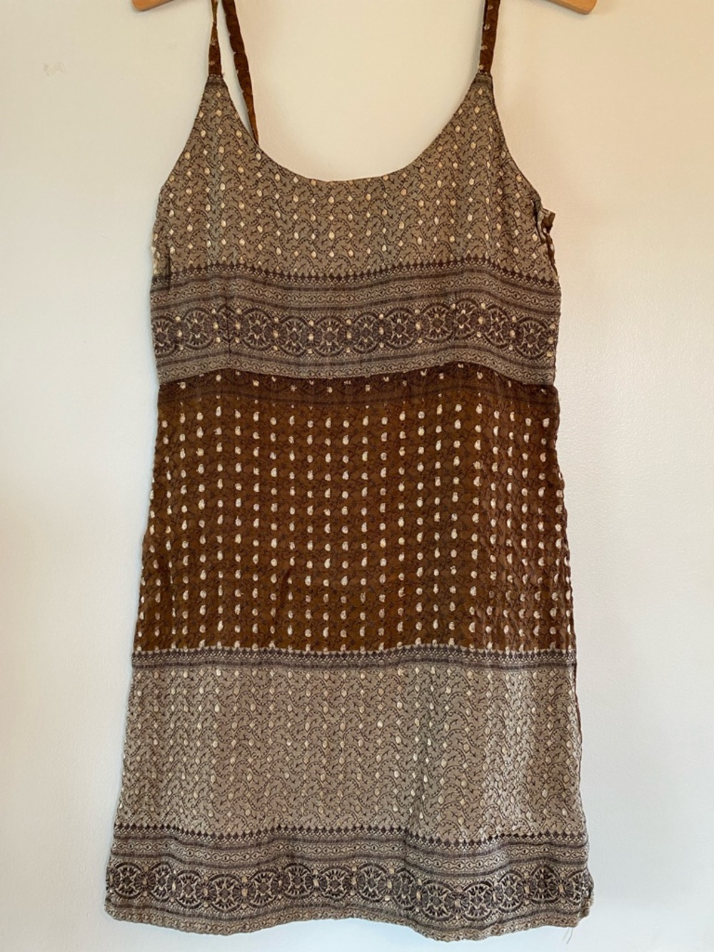 Brown and Cream Patterned Spaghetti Strap Dress